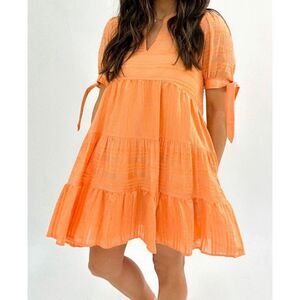 &Merci Dress Womens Size‎ S Orange Tiered Babydoll Tie Sleeve Boho Flirty Lined